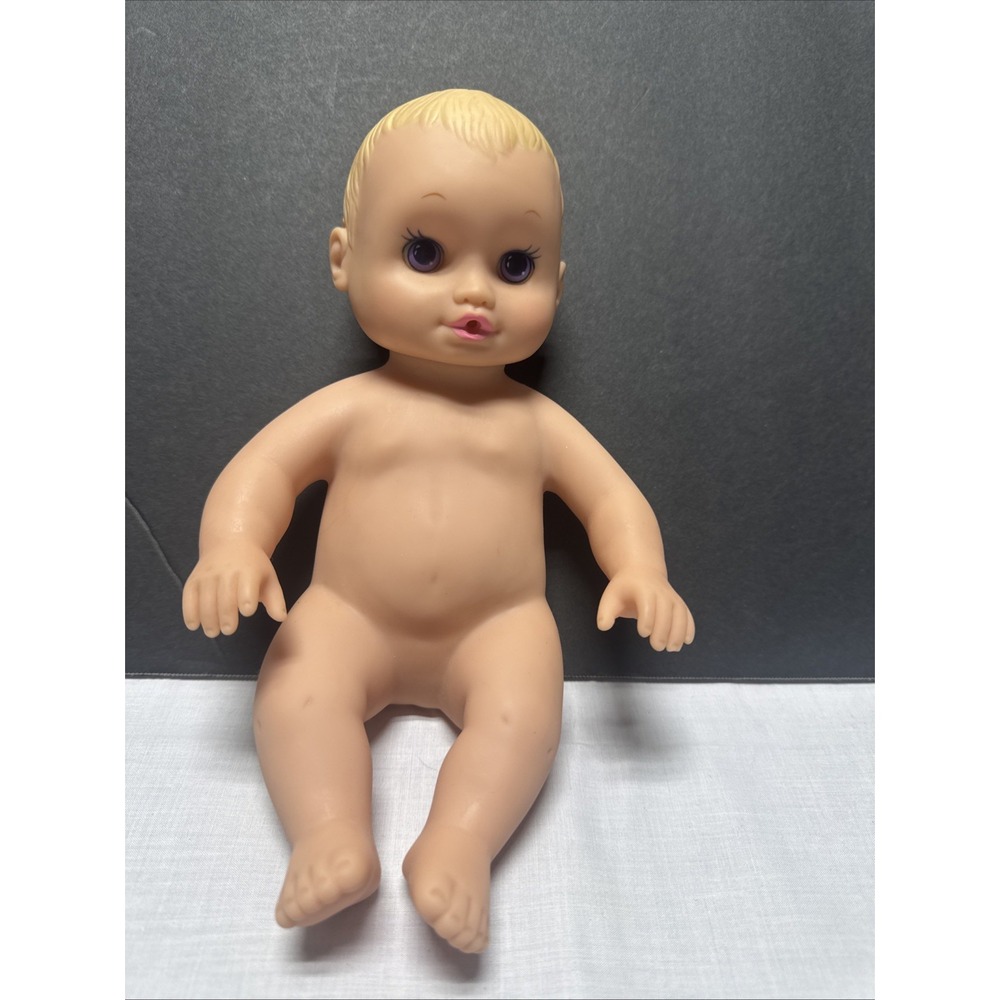 Lauer Toys Water Baby Doll 9" Rubber Blonde Hair Purple Eyes Dress Vtg 1995